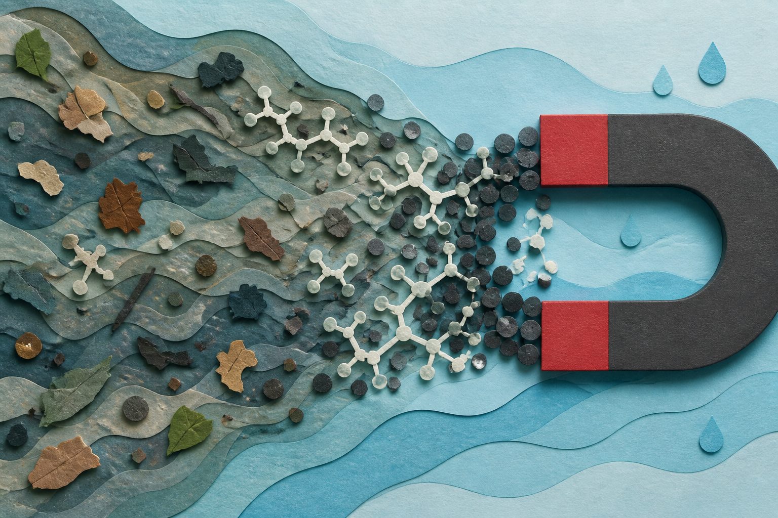 Abstract editorial illustration accompanying the article: Magnetic particles pull “forever chemicals” from water, even in messy mixtures