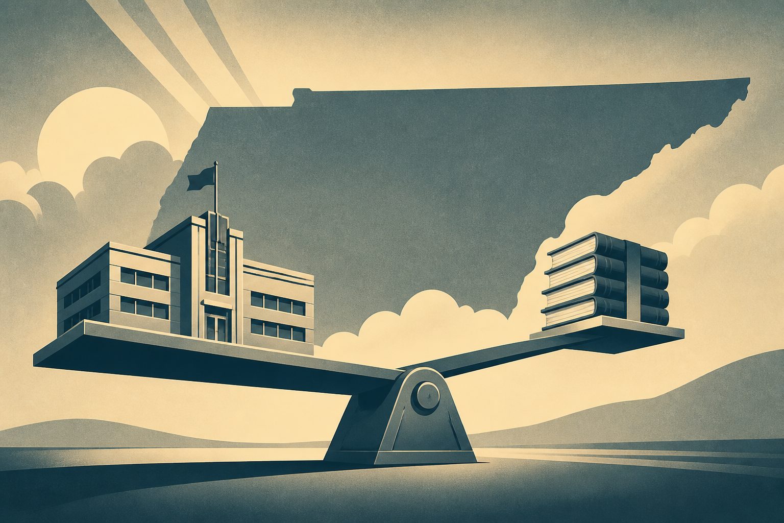 Abstract editorial illustration accompanying the article: Tennessee high schools’ test scores didn’t fully bounce back—and funding patterns shifted