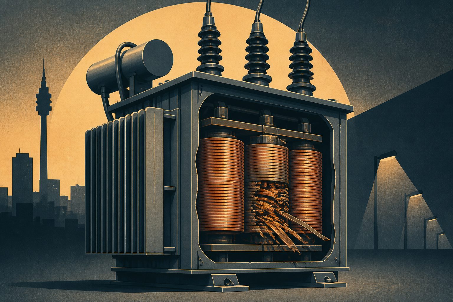 Abstract editorial illustration accompanying the article: Transformer windings fail most as South Africa’s load shedding rises