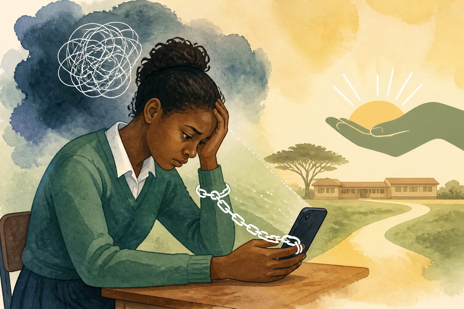 Abstract editorial illustration accompanying the article: Ethiopian students’ phone anxiety links to mental strain, policy brief finds