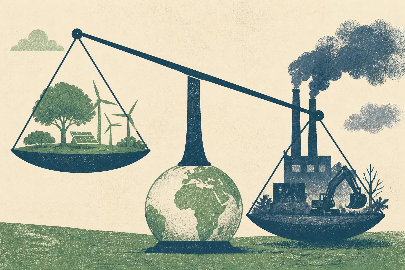 Abstract editorial illustration accompanying the article: Progress on sustainability is uneven—and often comes with tradeoffs
