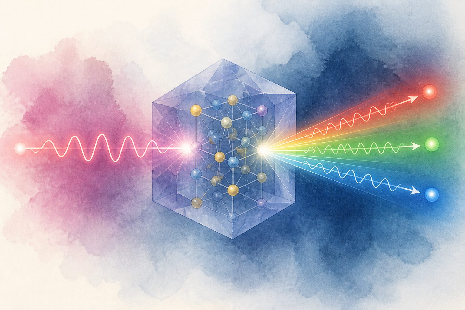 Abstract editorial illustration accompanying the article: Turning one infrared photon into visible colors faster in sodium yttrium sulphide