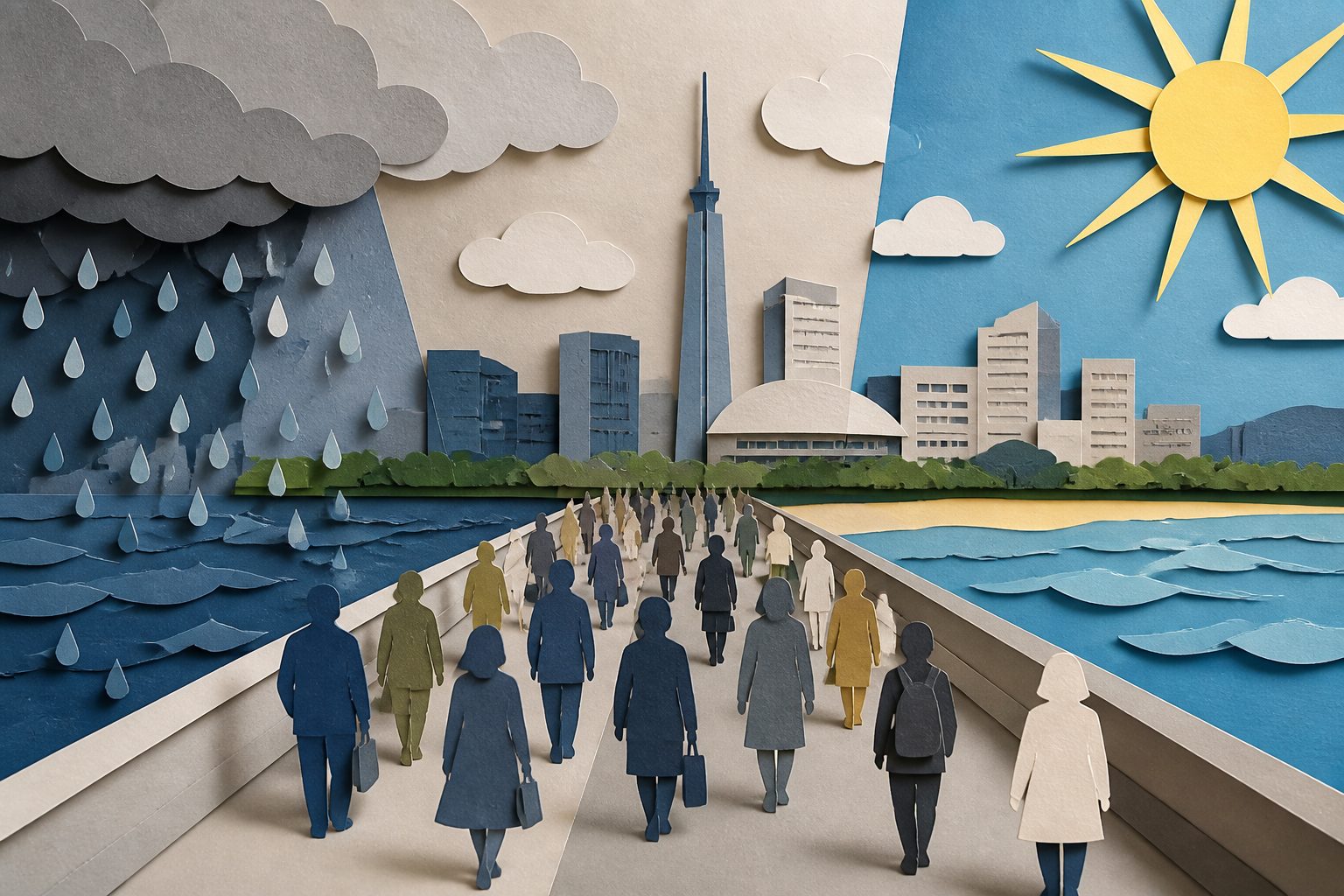 Abstract editorial illustration accompanying the article: Foot traffic in Fukuoka shifts with weather and COVID rules, study finds