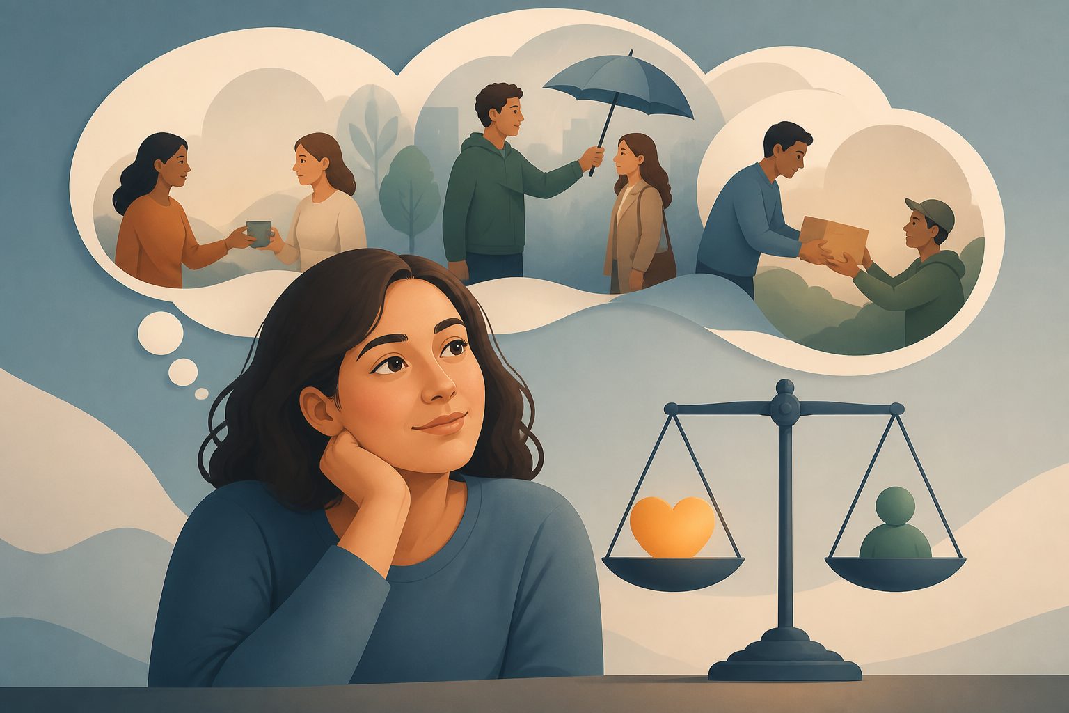 Abstract editorial illustration accompanying the article: Your everyday thoughts may track how fair and generous you are