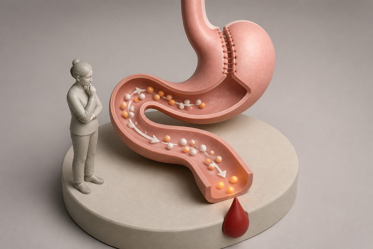 Abstract editorial illustration accompanying the article: Review examines why low blood sugar can happen after stomach surgery for gastric cancer