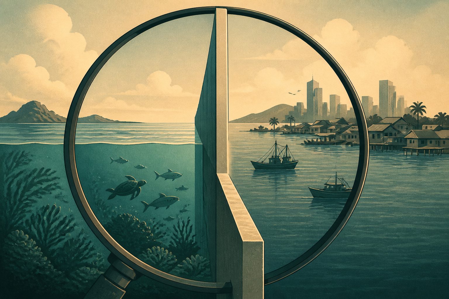 Abstract editorial illustration accompanying the article: Marine protected areas may miss key connections if people and nature are assessed separately