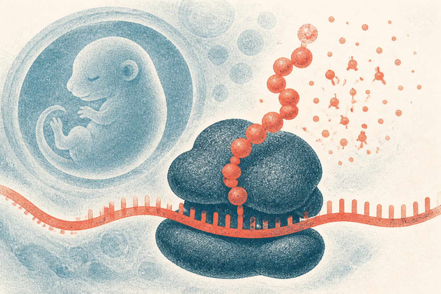 Abstract editorial illustration accompanying the article: New ribosome method finds thousands of tiny protein-coding regions in mouse embryos