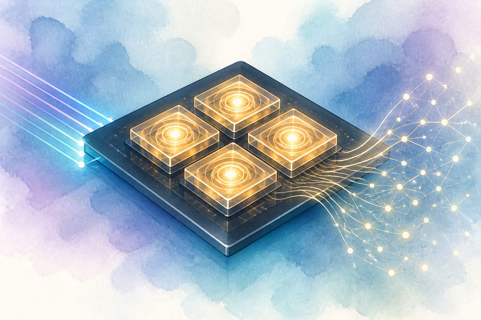 Abstract editorial illustration accompanying the article: Four optical computing cores hit 65 TOPS and boost MNIST accuracy
