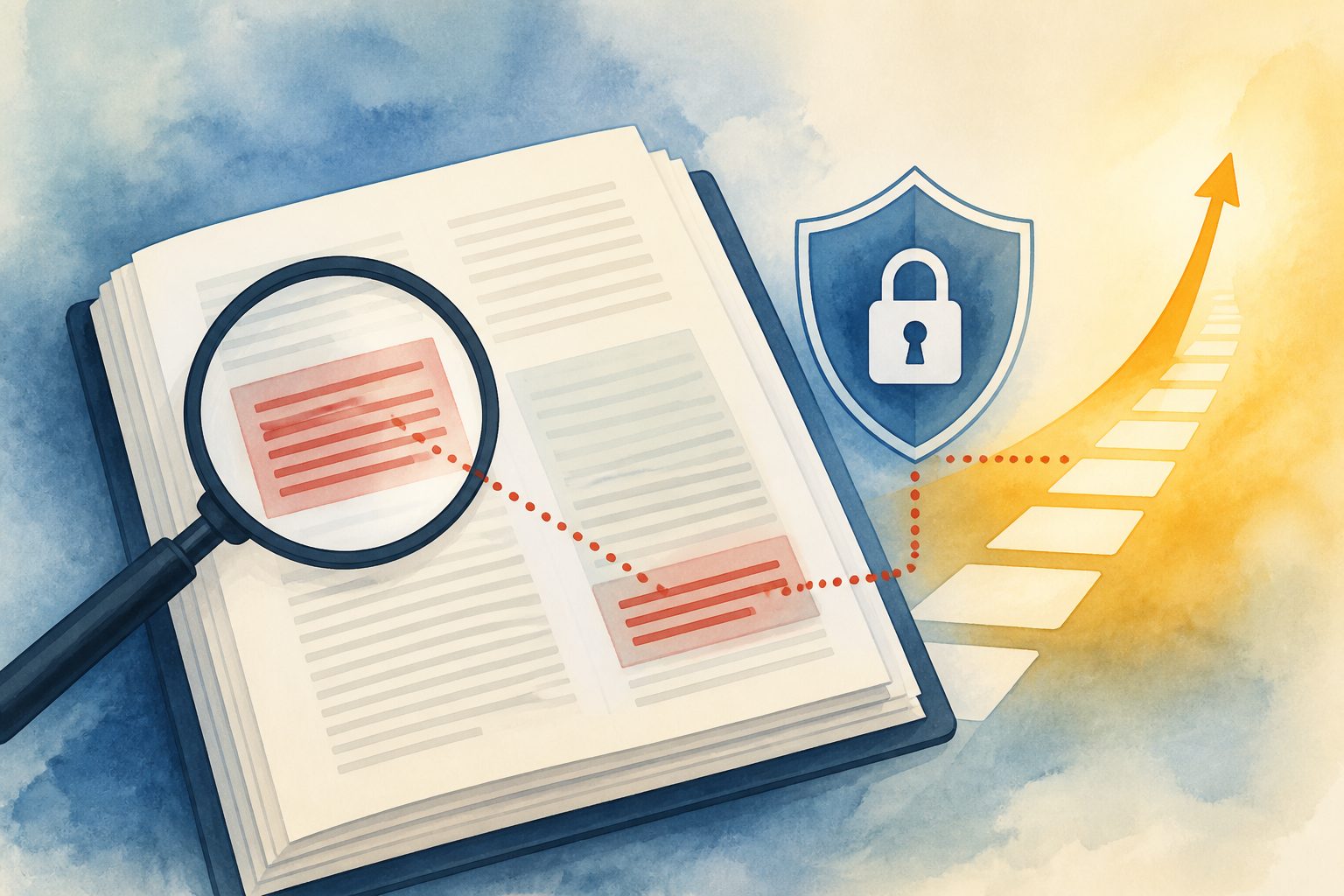 Abstract editorial illustration accompanying the article: Cybersecurity risk write-ups in filings predict profits, but where they appear matters