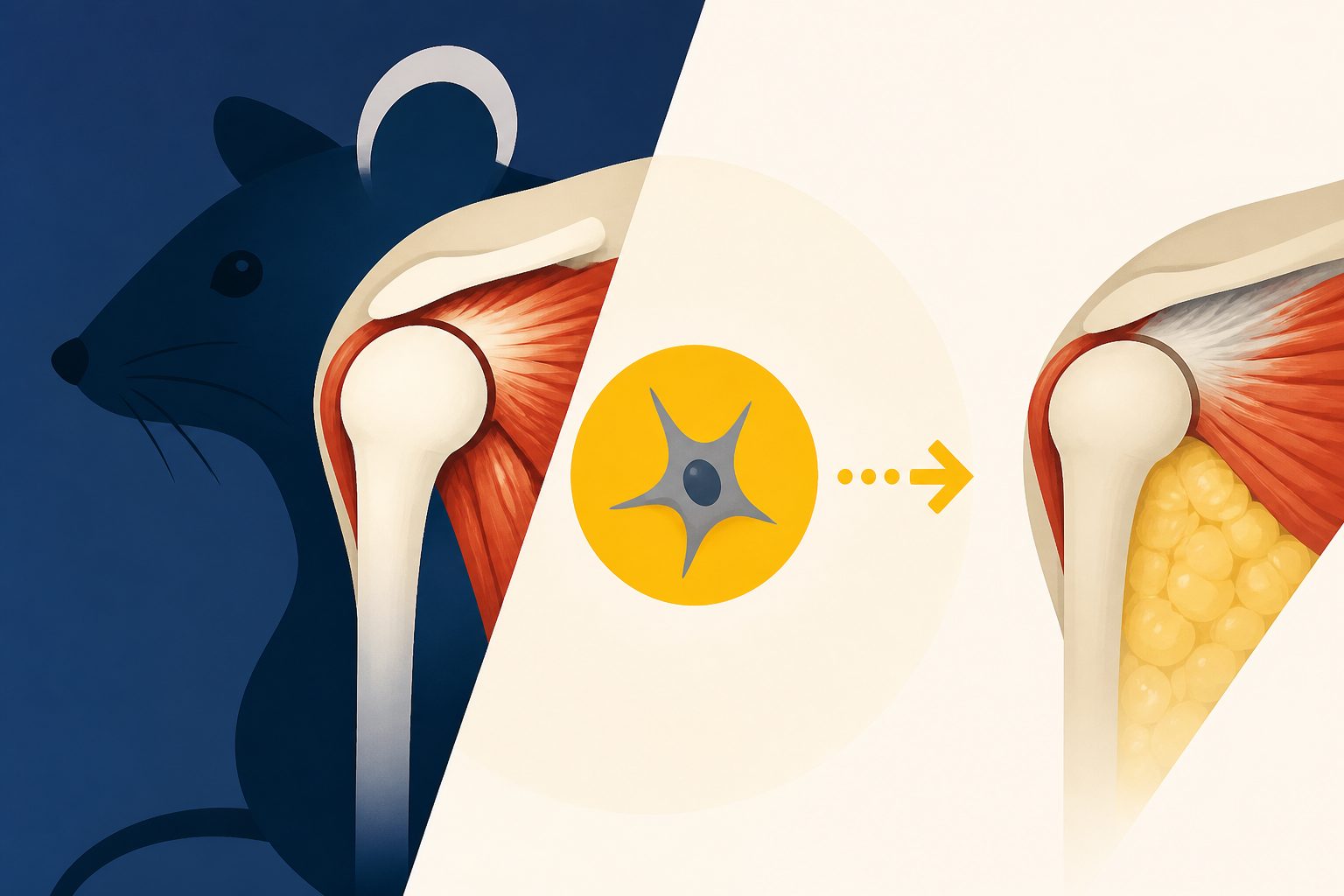 Abstract editorial illustration accompanying the article: Removing a key muscle-scar cell changes fat and scar after rotator cuff tears in mice