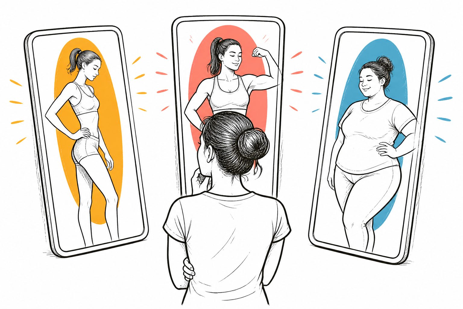 Abstract editorial illustration accompanying the article: Thinspiration, fitspiration and fatspiration use linked to different body and eating urges