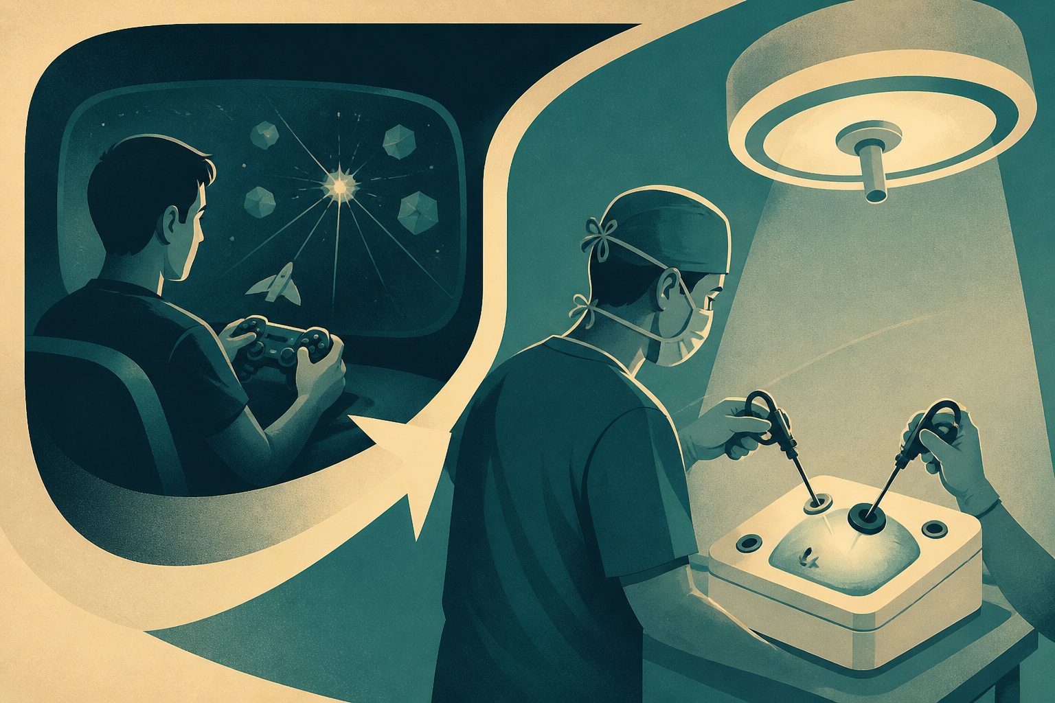 Abstract editorial illustration accompanying the article: Study suggests video game experience may be linked with better laparoscopic surgical task performance