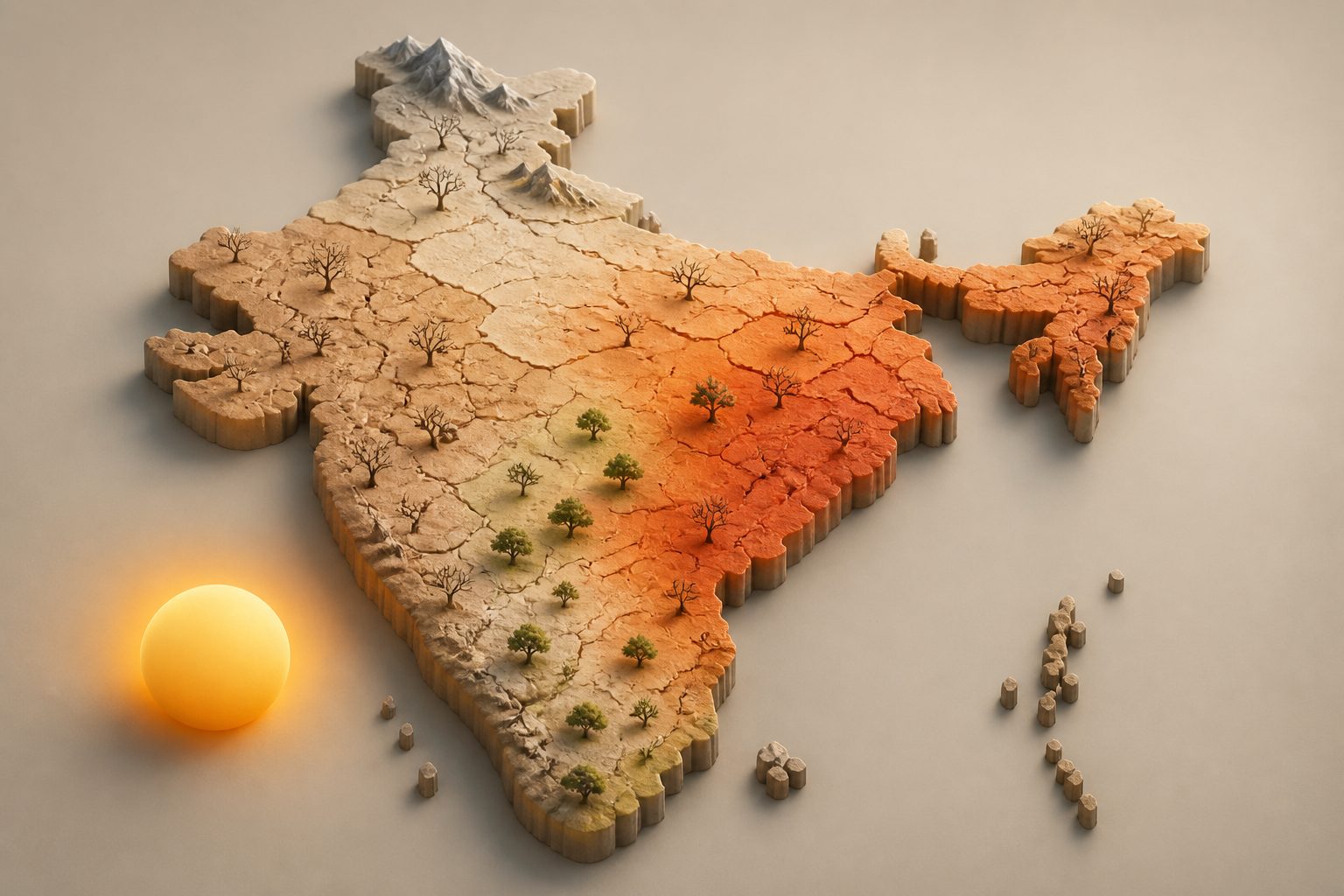 Abstract editorial illustration accompanying the article: India’s drought risk shifts across regions as warming rises, with new hotspot areas emerging