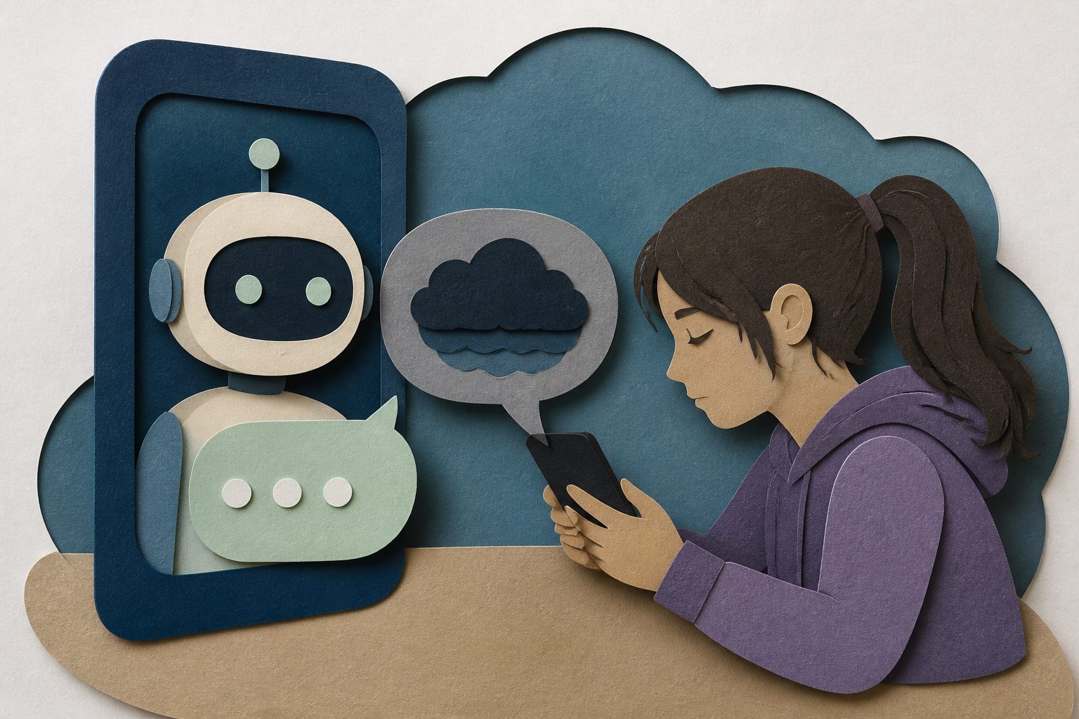 Abstract editorial illustration accompanying the article: AI chatbots for teens may miss suicide risk in subtle messages, review warns