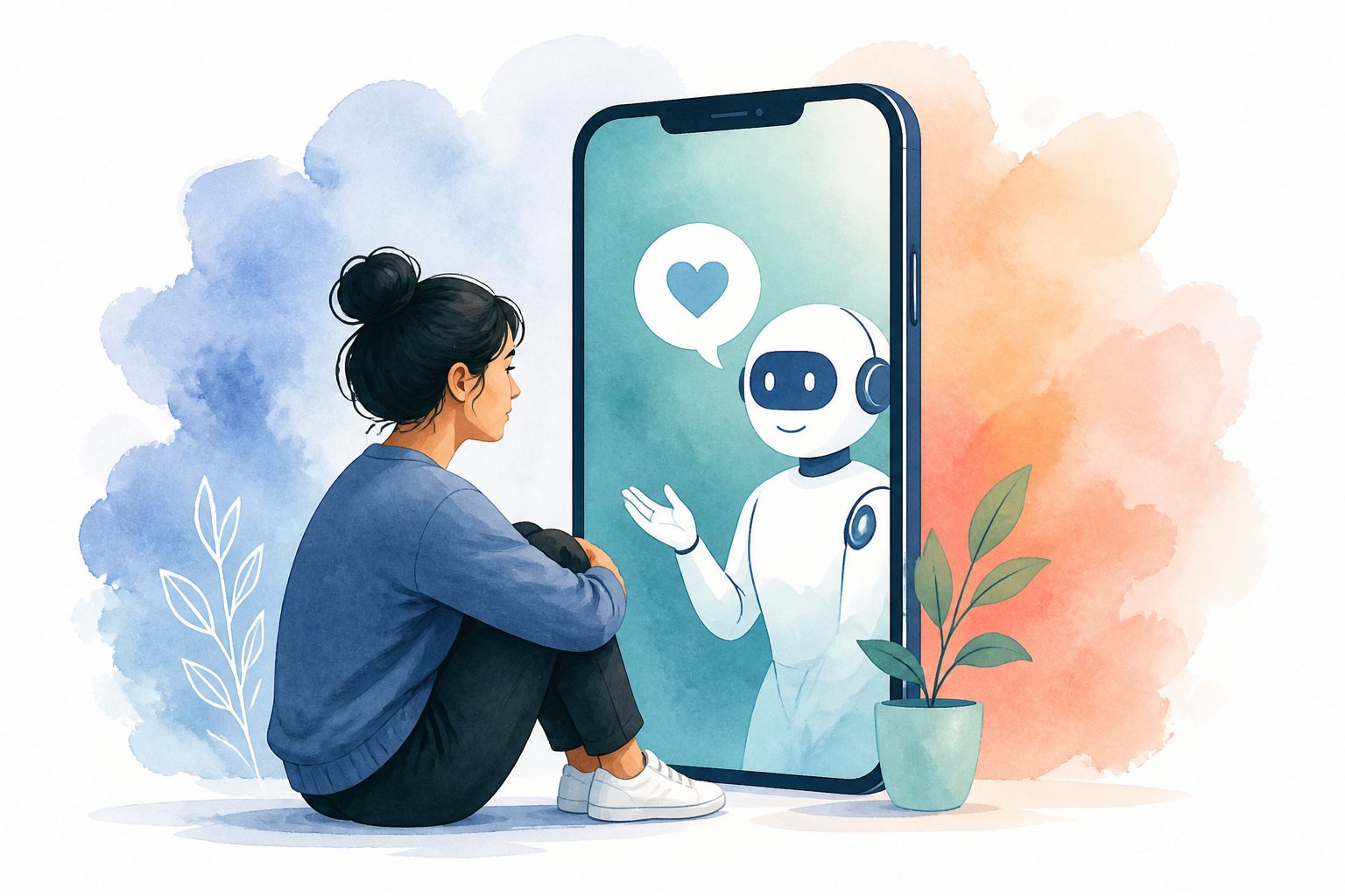 Abstract editorial illustration accompanying the article: Millions of Americans use chatbots for mental health—survey finds 24% do