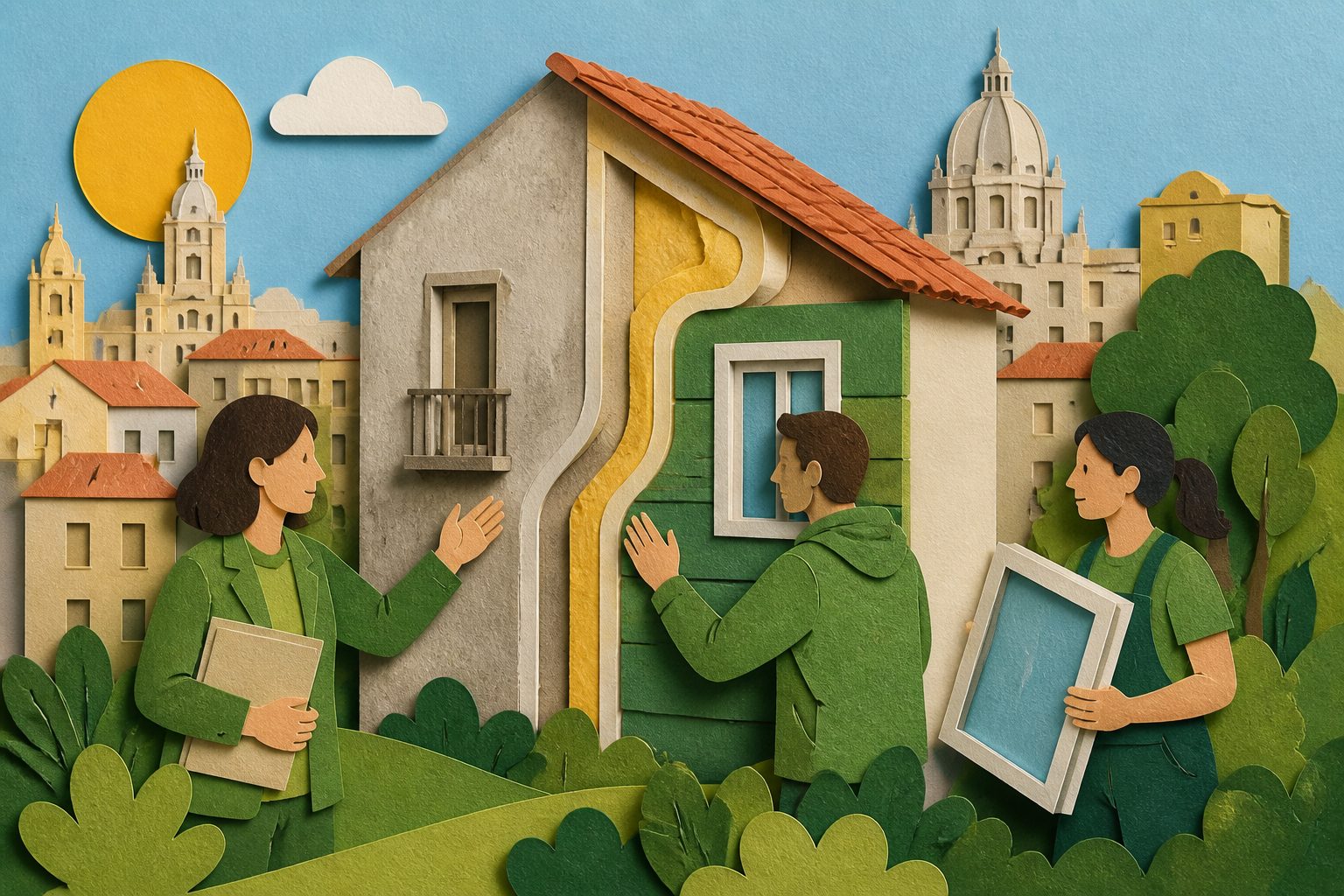 Abstract editorial illustration accompanying the article: How Madrid’s local helpers turn retrofit plans into home upgrades