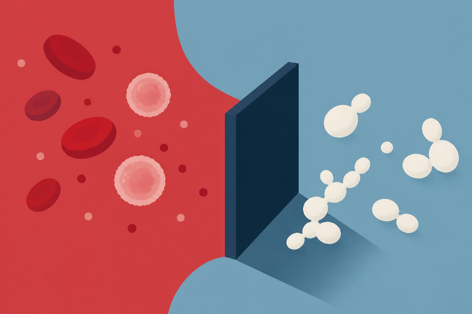 Abstract editorial illustration accompanying the article: Study finds blood inflammation markers did not reliably predict antifungal resistance in vaginal yeast infections