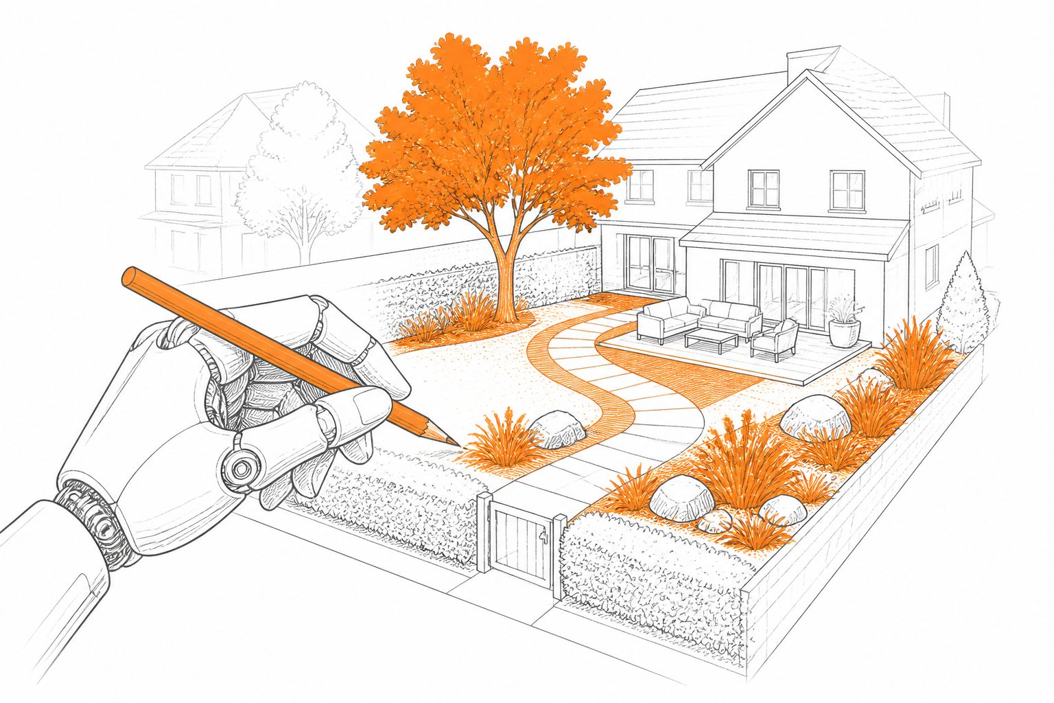 Abstract editorial illustration accompanying the article: AI designs residential yards that better balance comfort, looks, access, and nature