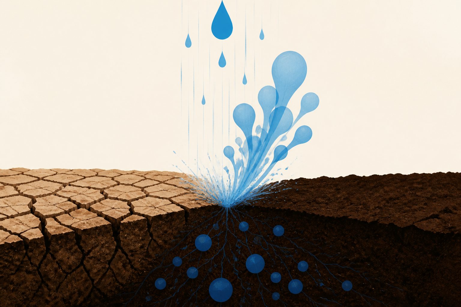 Abstract editorial illustration accompanying the article: Rain “pulses” after drought drive nitrogen gas spikes more than soil type