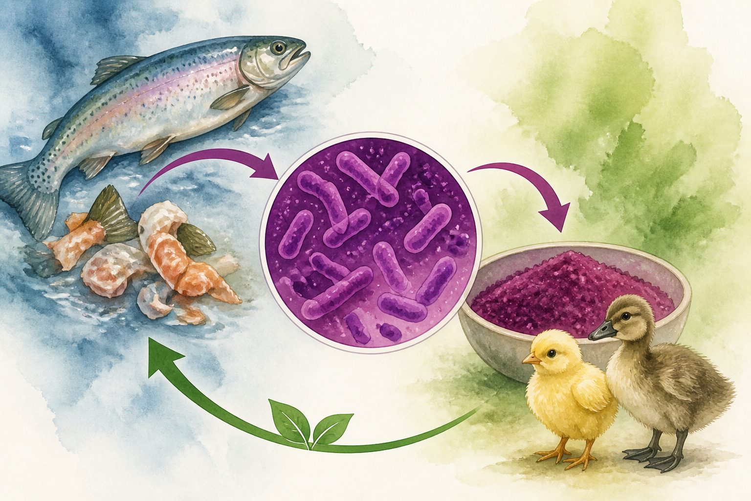 Abstract editorial illustration accompanying the article: Purple bacteria turn trout waste into antioxidant-rich protein for young animals