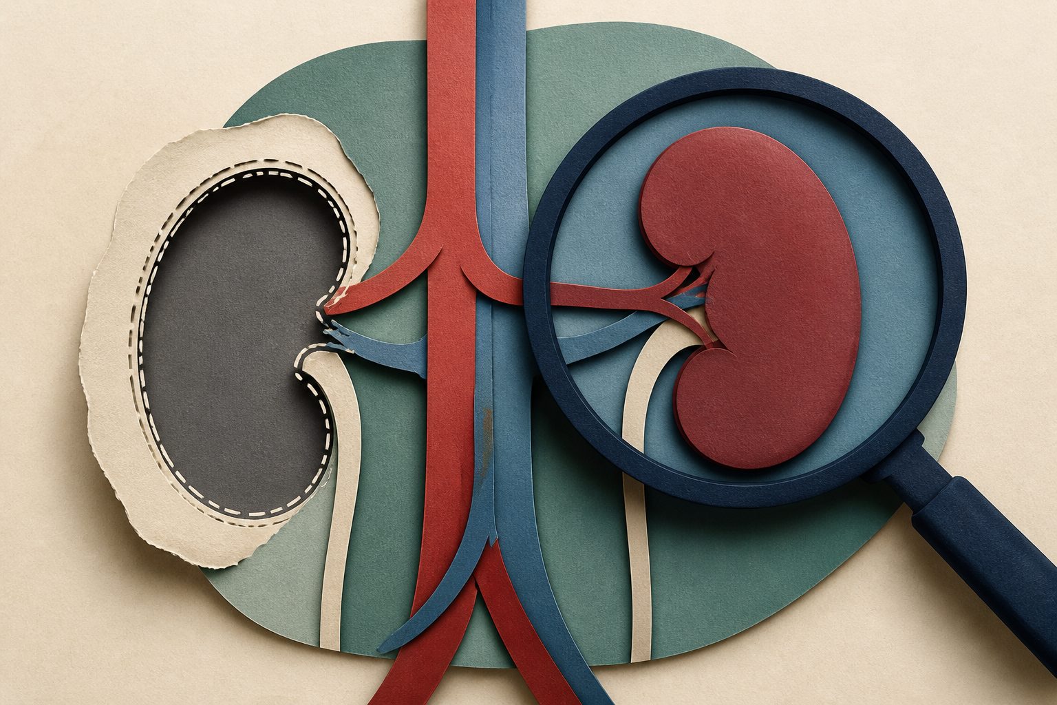Abstract editorial illustration accompanying the article: New analysis identifies risk factors for chronic kidney disease after unilateral kidney removal