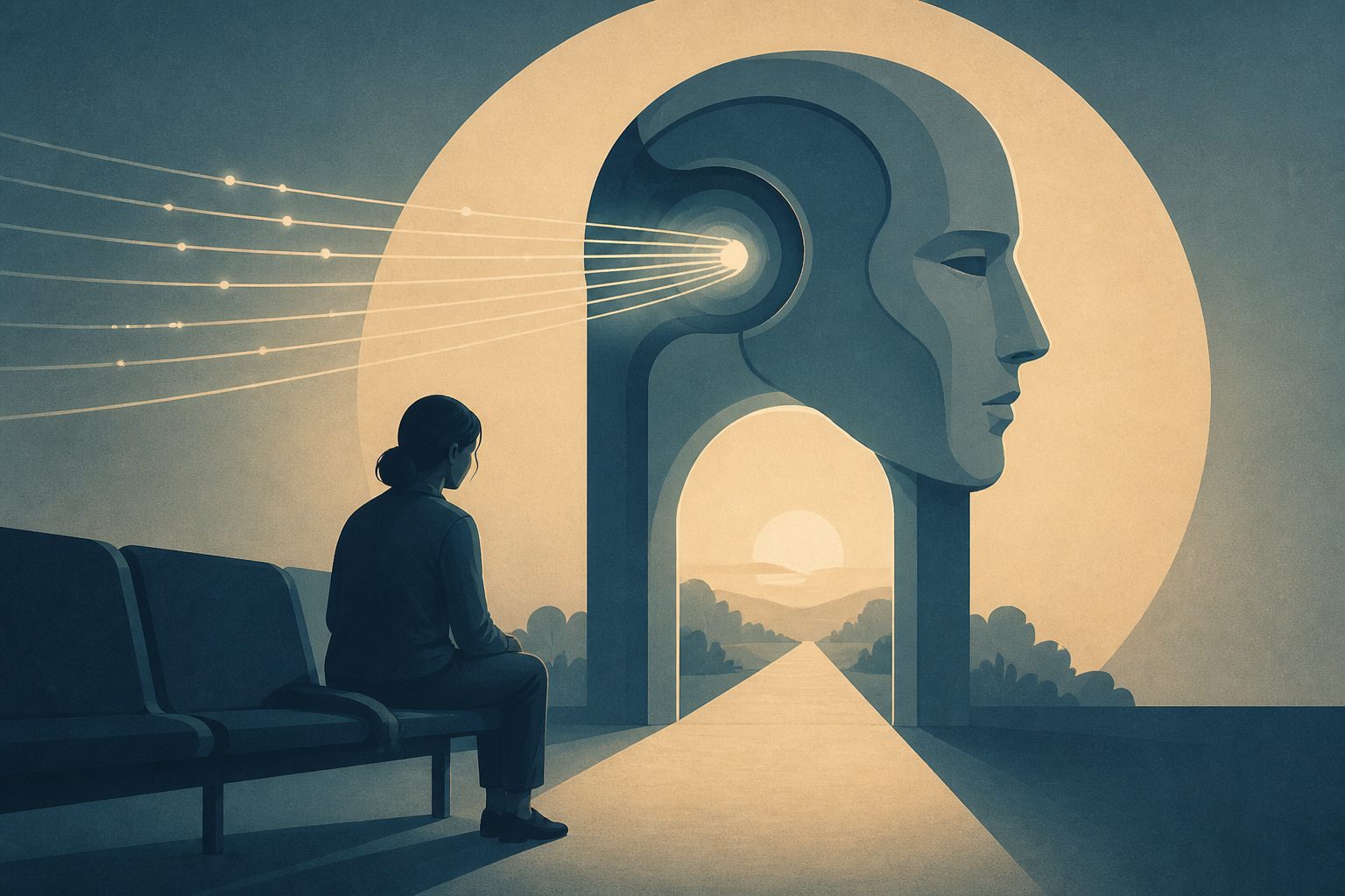 Abstract editorial illustration accompanying the article: AI tool uses emergency triage data to predict suicide risk within 30 days