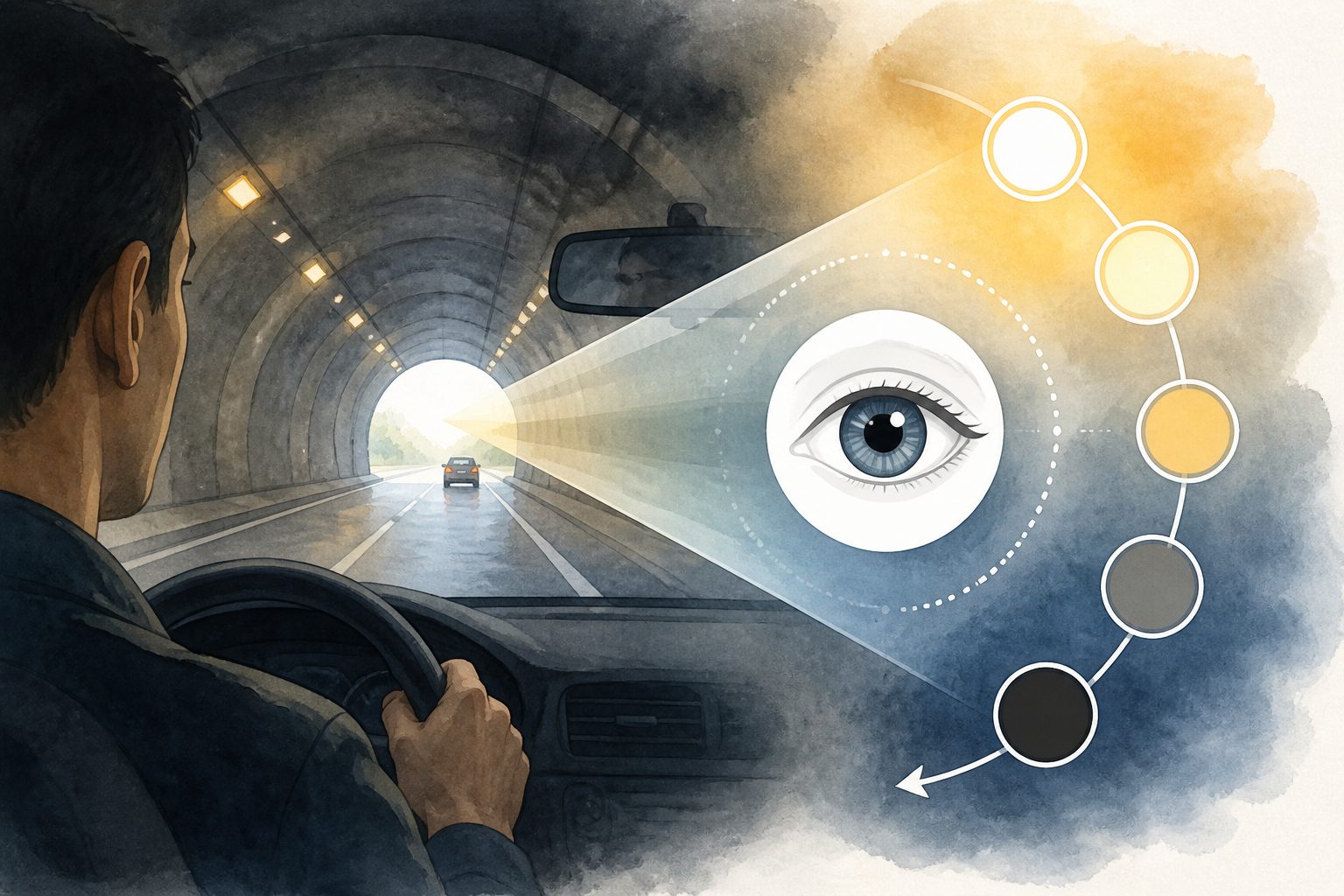 Abstract editorial illustration accompanying the article: Visibility drives drivers’ pupil changes in tunnel lighting, with a workable compensation model