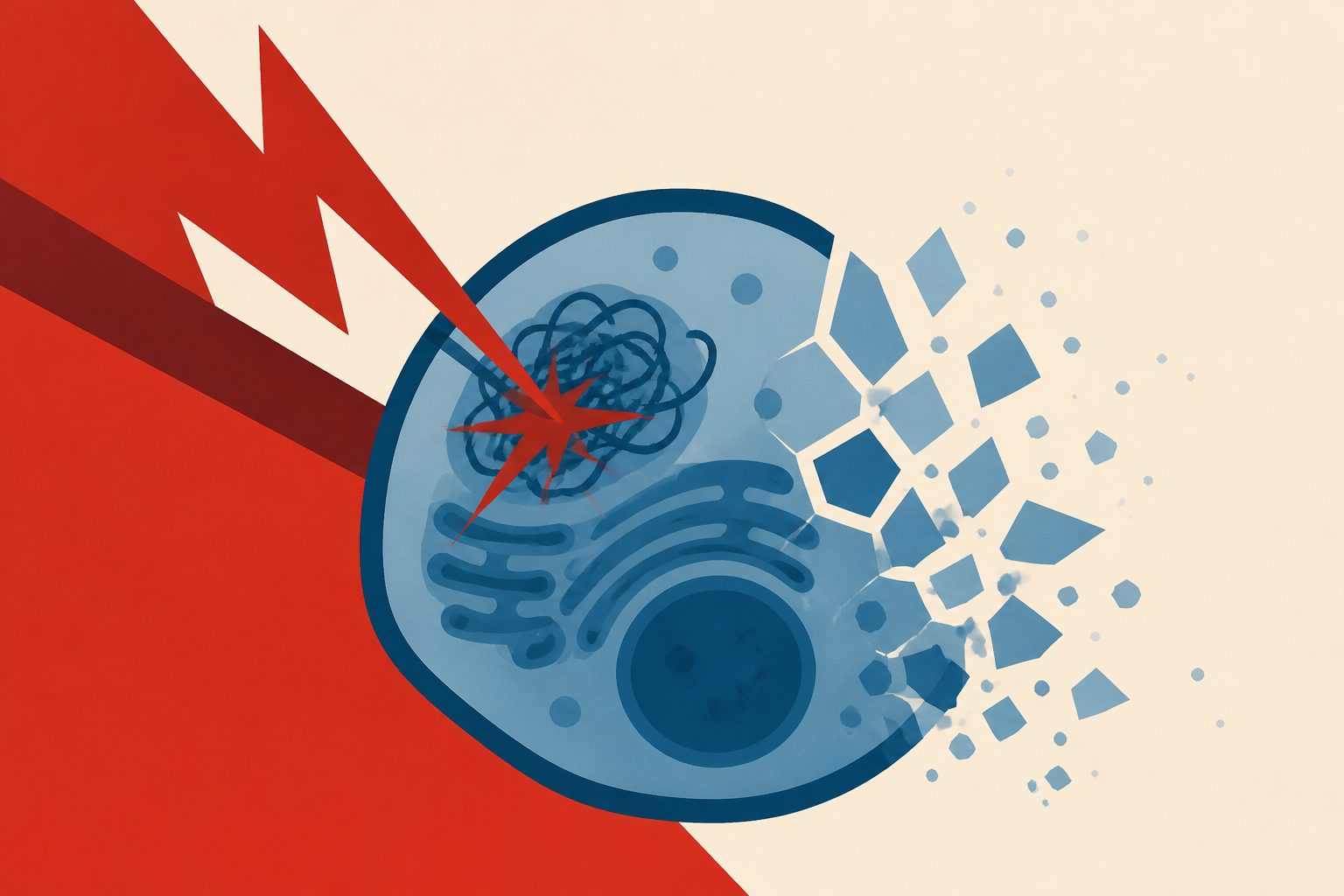 Abstract editorial illustration accompanying the article: Unfolded-protein stress kills insulin cells via JNK and p53 in mice and humans