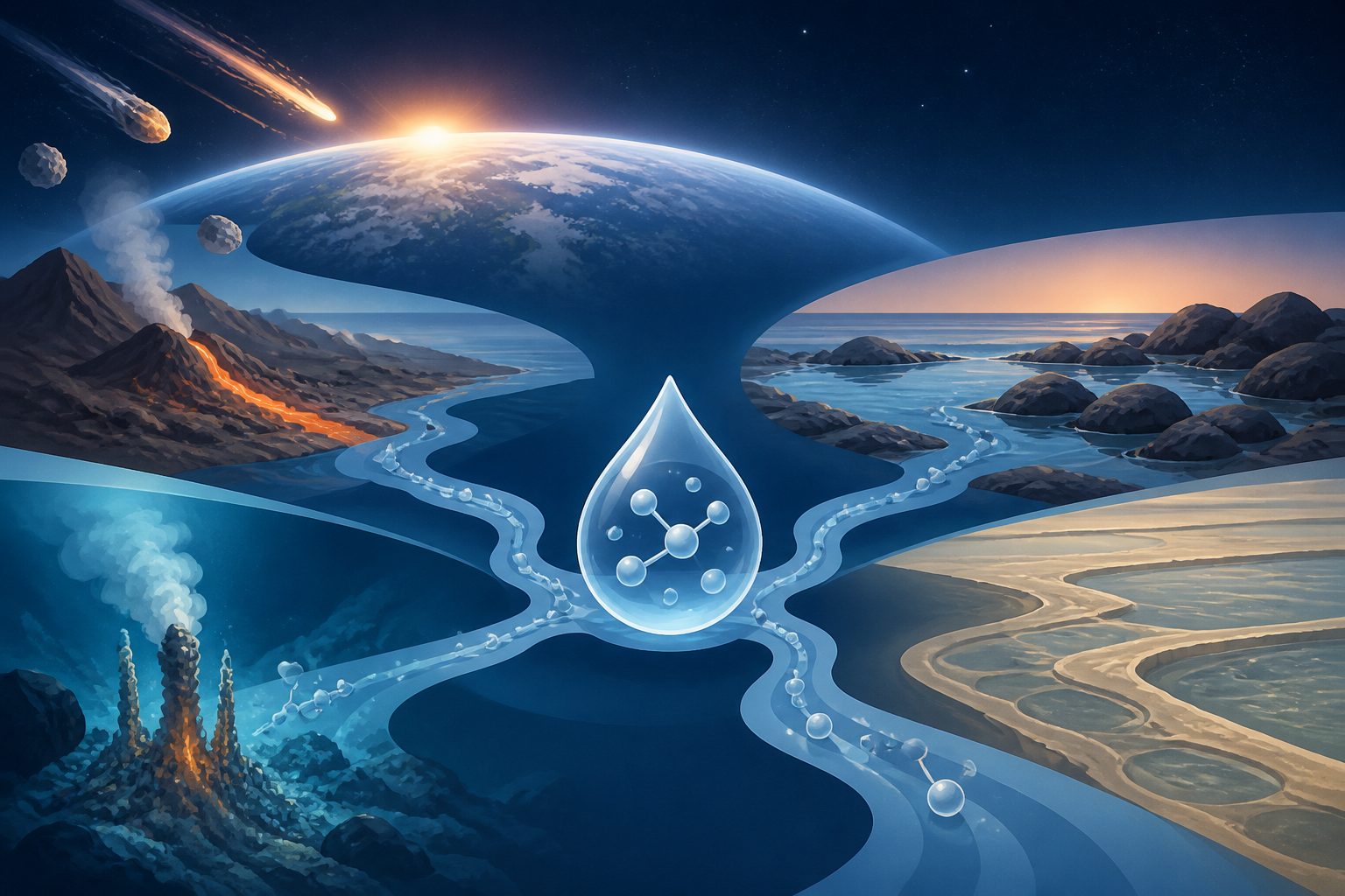 Abstract editorial illustration accompanying the article: Earth’s earliest clues and lab chemistry suggest no single place made life
