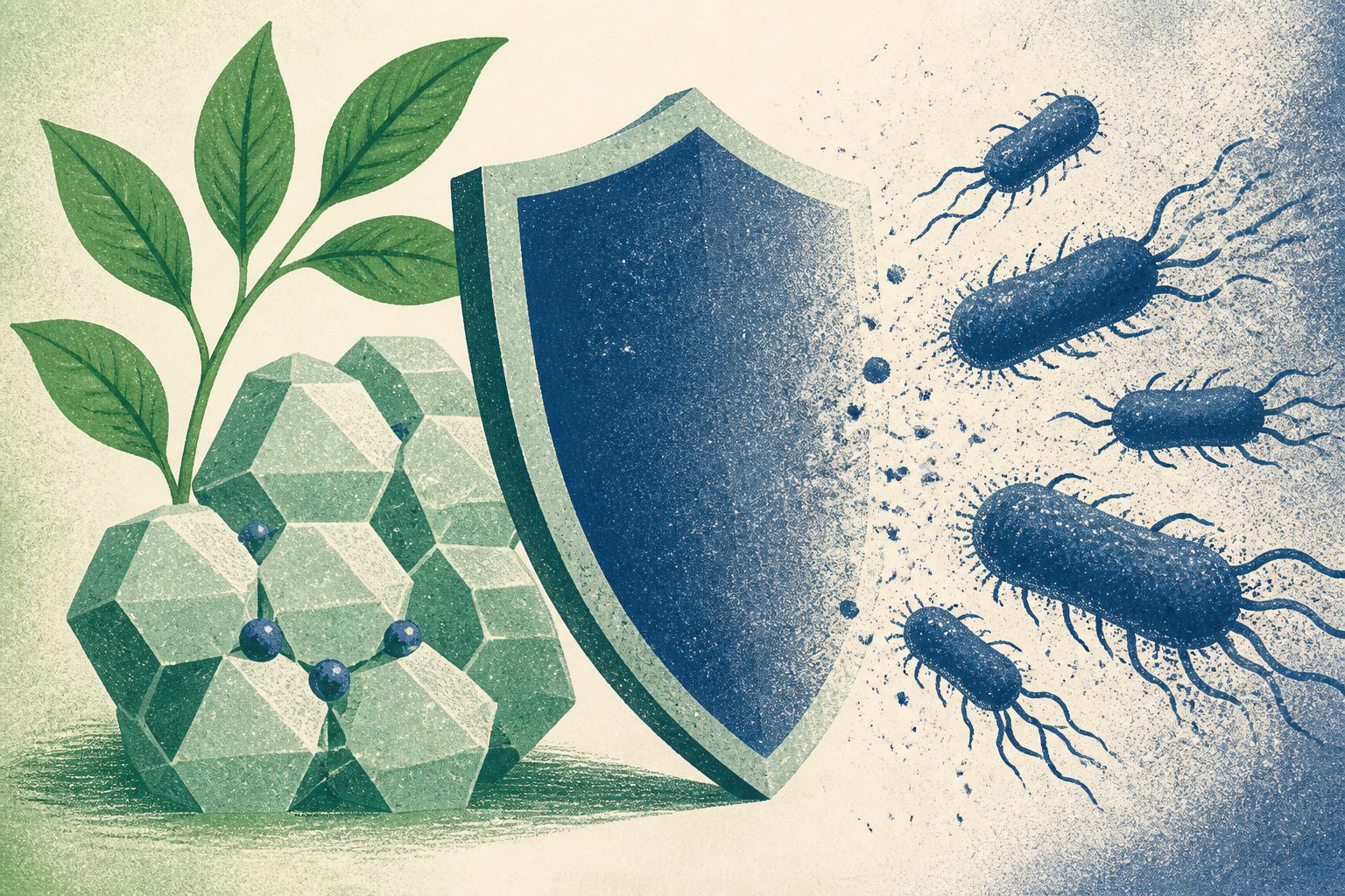 Abstract editorial illustration accompanying the article: Green-made nickel-doped zinc oxide stops bacteria and blocks key virulence genes