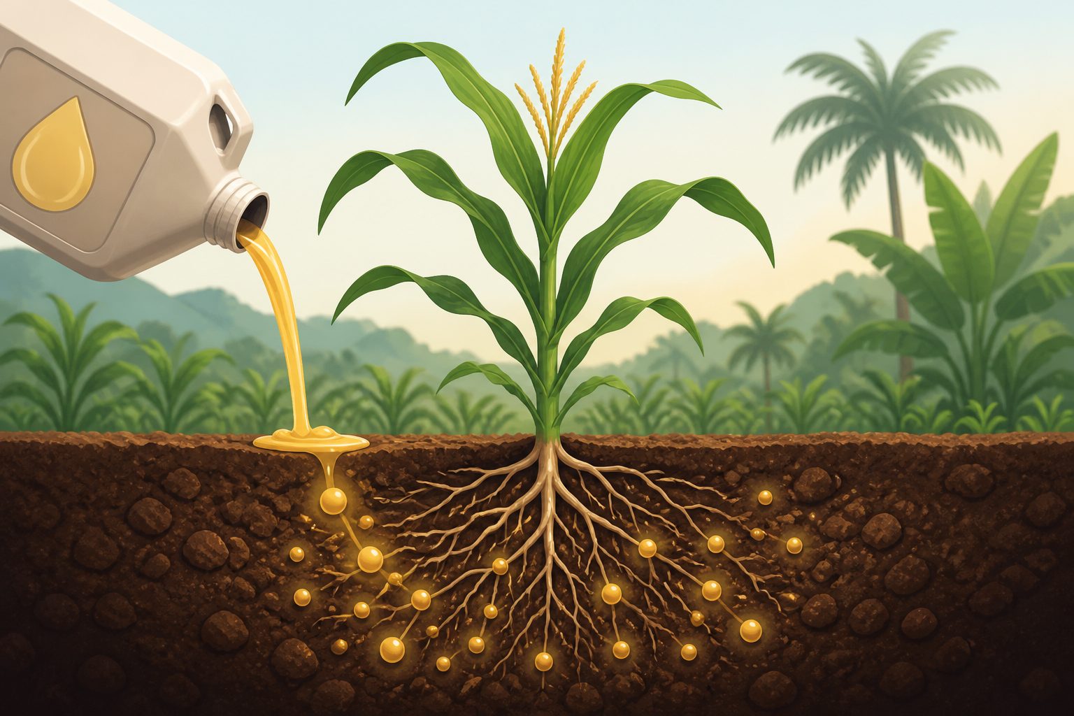 Abstract editorial illustration accompanying the article: Urine-derived fertilizer keeps phosphorus available in tropical soil for maize