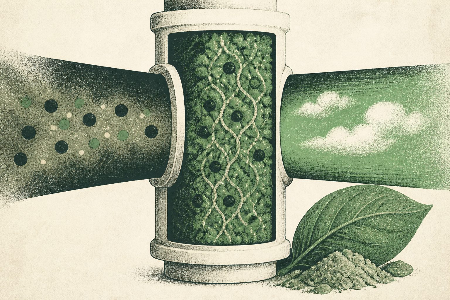 Abstract editorial illustration accompanying the article: Biodegradable zein-humic material removes chloride and iron in amine gas cleaning