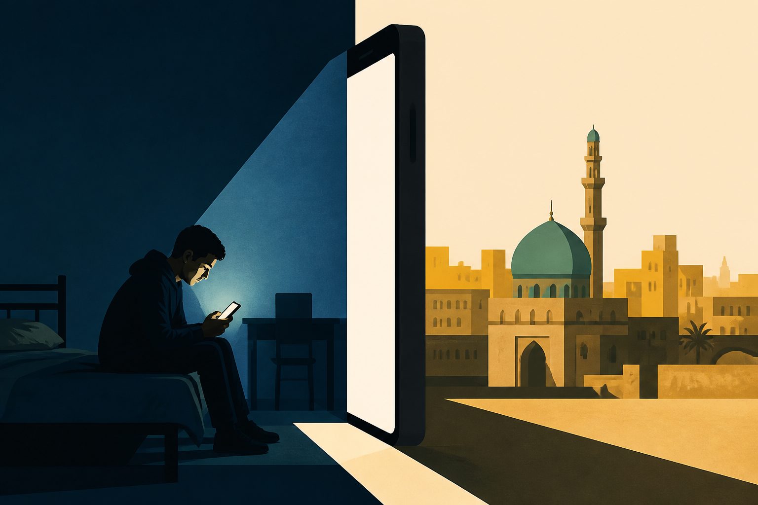 Abstract editorial illustration accompanying the article: Social media use in Baghdad dorms linked to more anxiety, depression and isolation