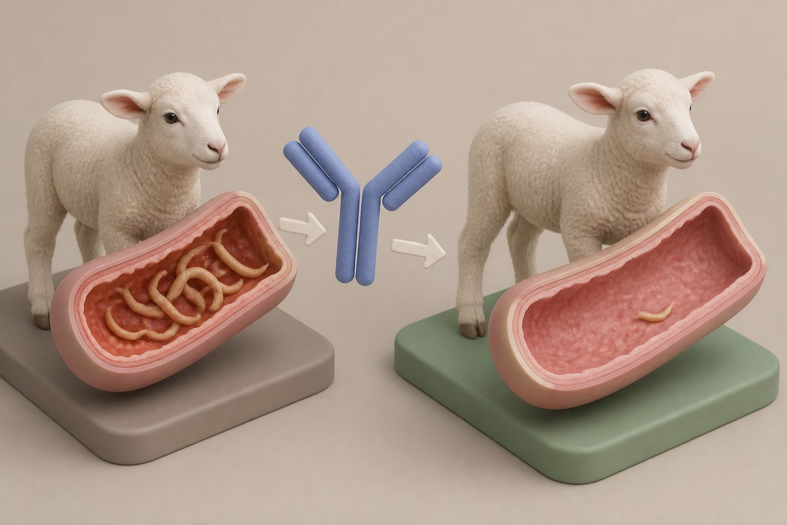 Abstract editorial illustration accompanying the article: Antibody treatment lowers worms and gut inflammation in drug‑challenged lambs