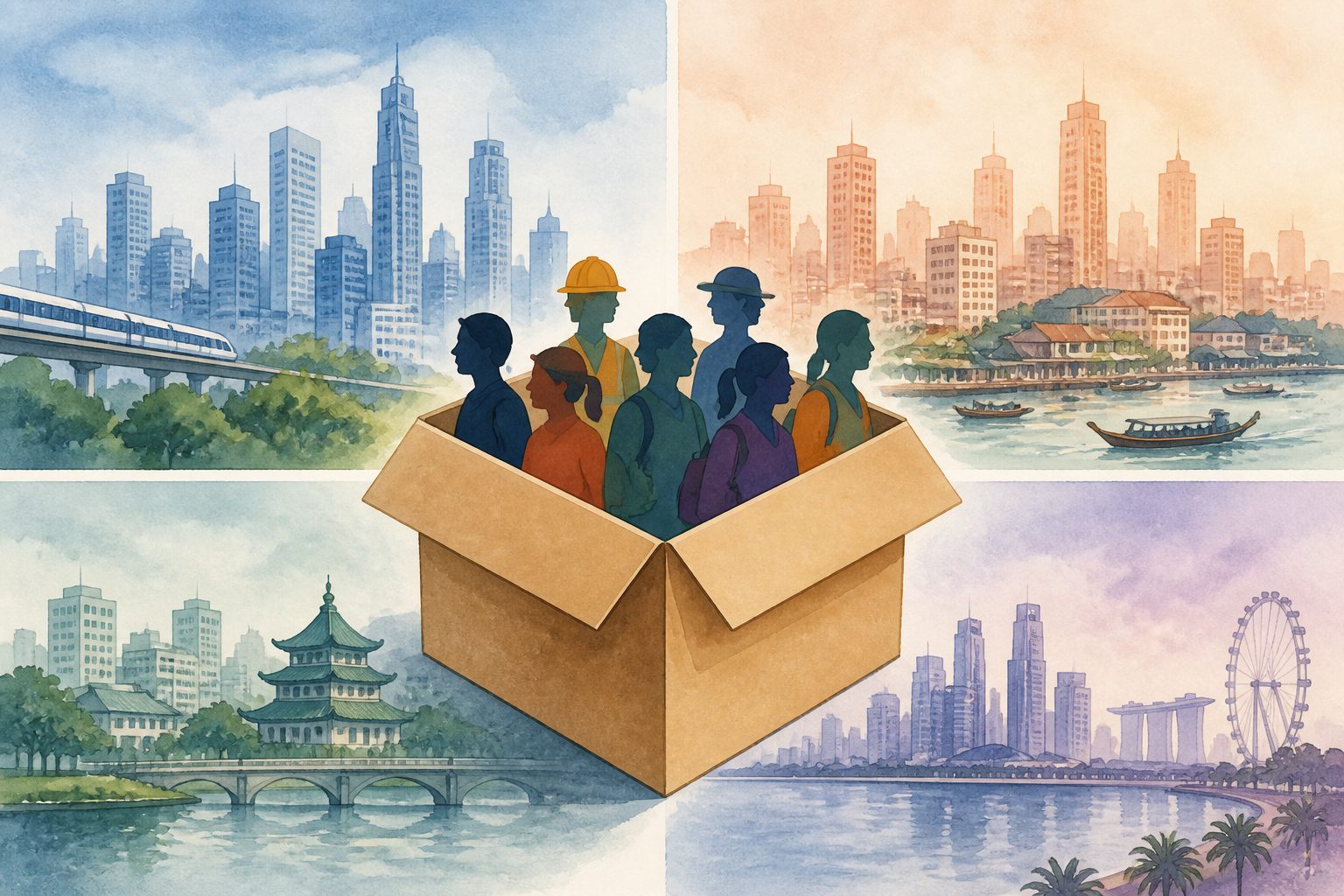 Abstract editorial illustration accompanying the article: In four Asian cities, treating “migrants” as a single box misses how people move and stay