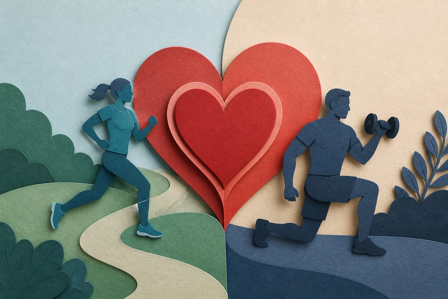 Abstract editorial illustration accompanying the article: New analysis finds combined aerobic and strength training is linked to better outcomes in coronary heart disease