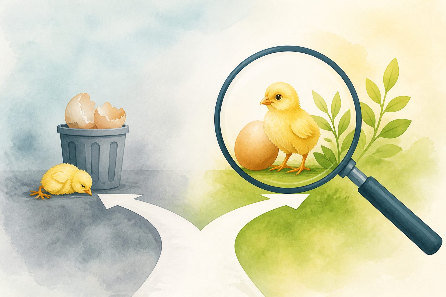 Abstract editorial illustration accompanying the article: Review maps ways to cut wasted eggs and cull less day-old chicks