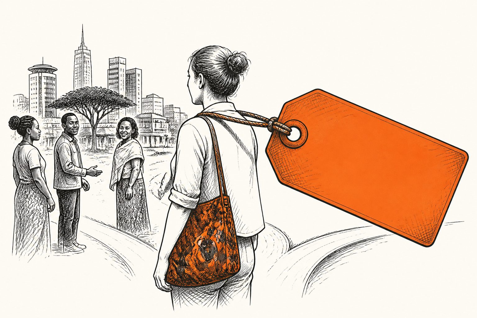 Abstract editorial illustration accompanying the article: In Nairobi, migrants weigh the label “mzungu” for belonging and privilege