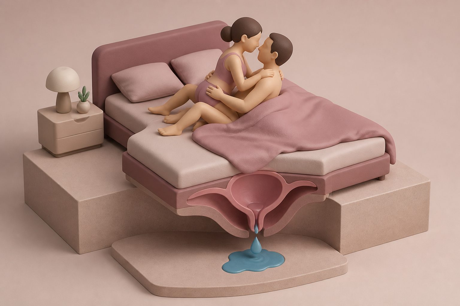 Abstract editorial illustration accompanying the article: Review examines urinary leakage during sex in women and how it may have different causes