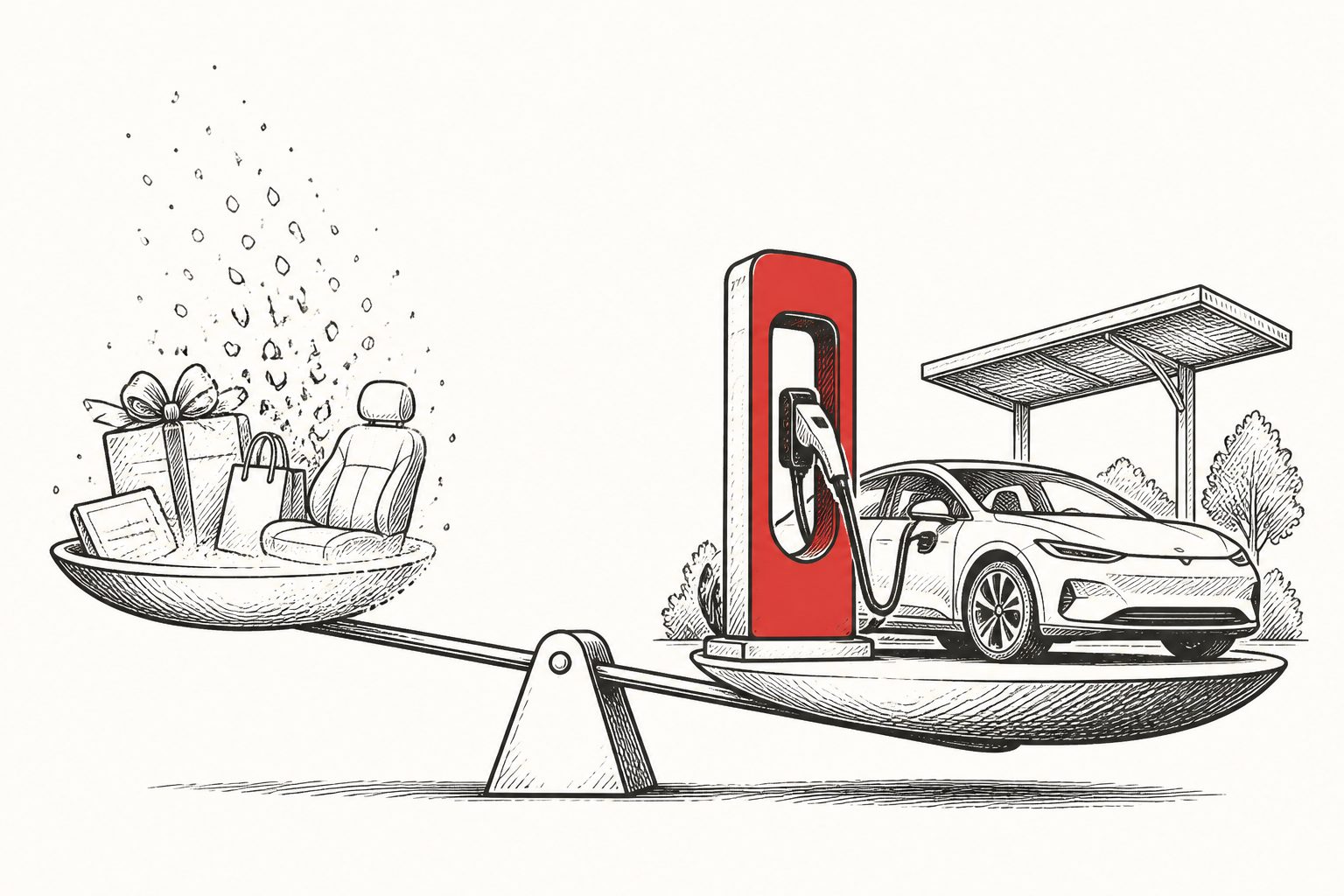 Abstract editorial illustration accompanying the article: As EV subsidies fade in China, charging stations matter more than perks