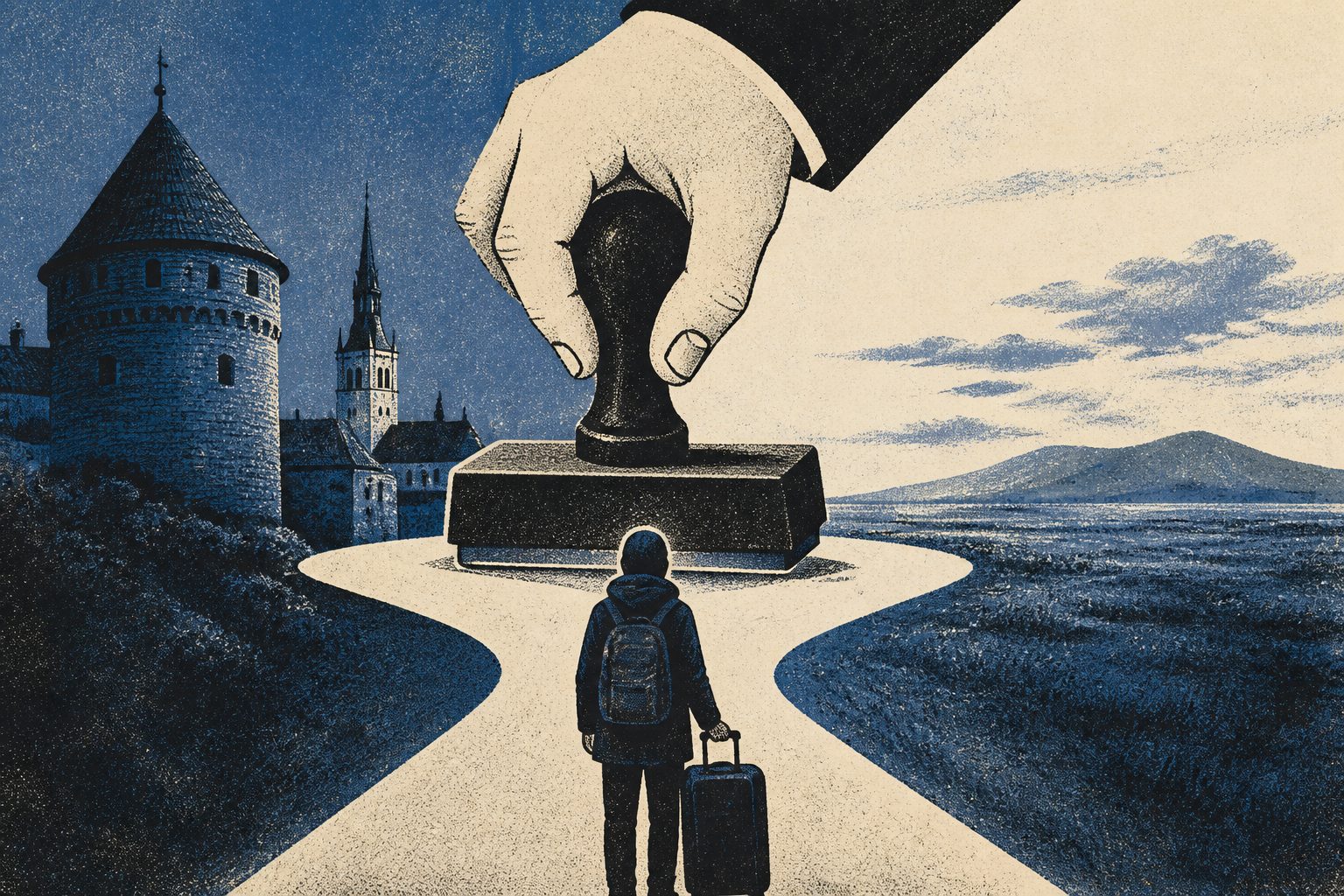 Abstract editorial illustration accompanying the article: Estonia’s asylum decisions are shaped by national history and “Eastness”