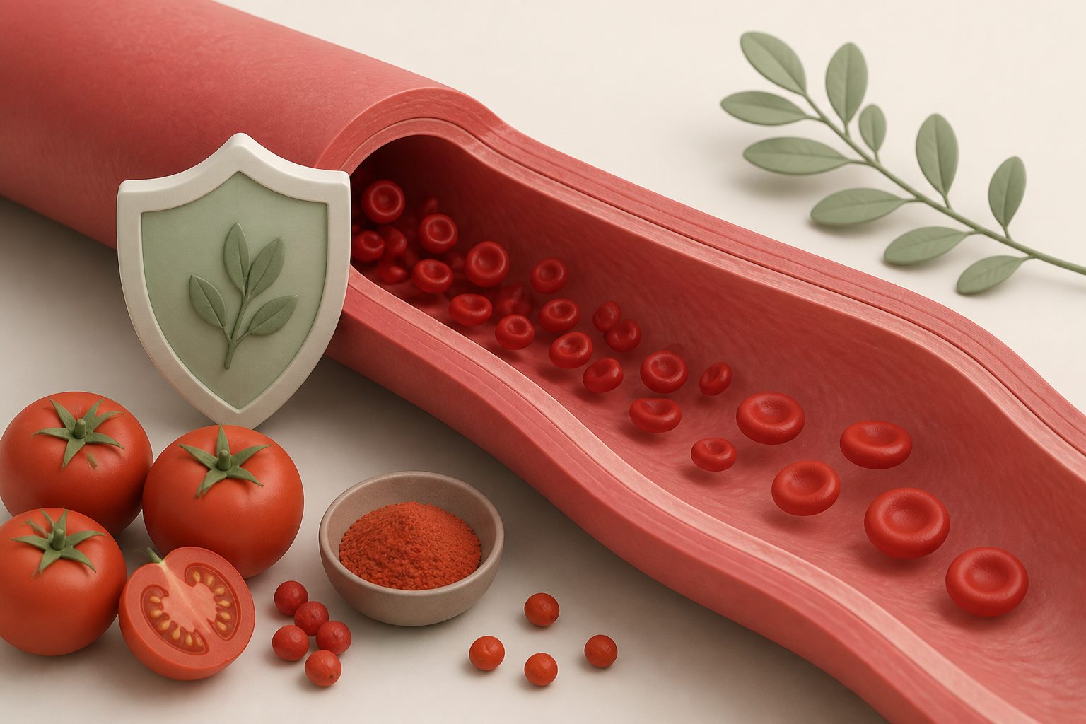 Abstract editorial illustration accompanying the article: Review finds possible lycopene intake benefits for blood vessel function in healthy adults