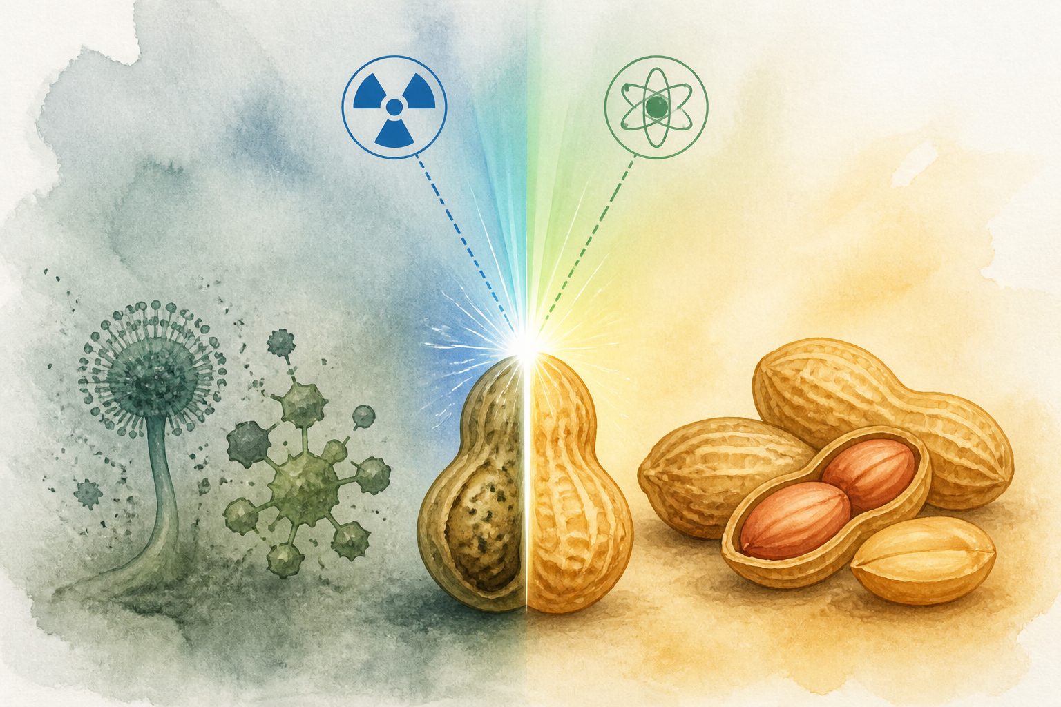 Abstract editorial illustration accompanying the article: Gamma or electron-beam radiation can cut aflatoxin in peanuts—at higher doses, quality shifts