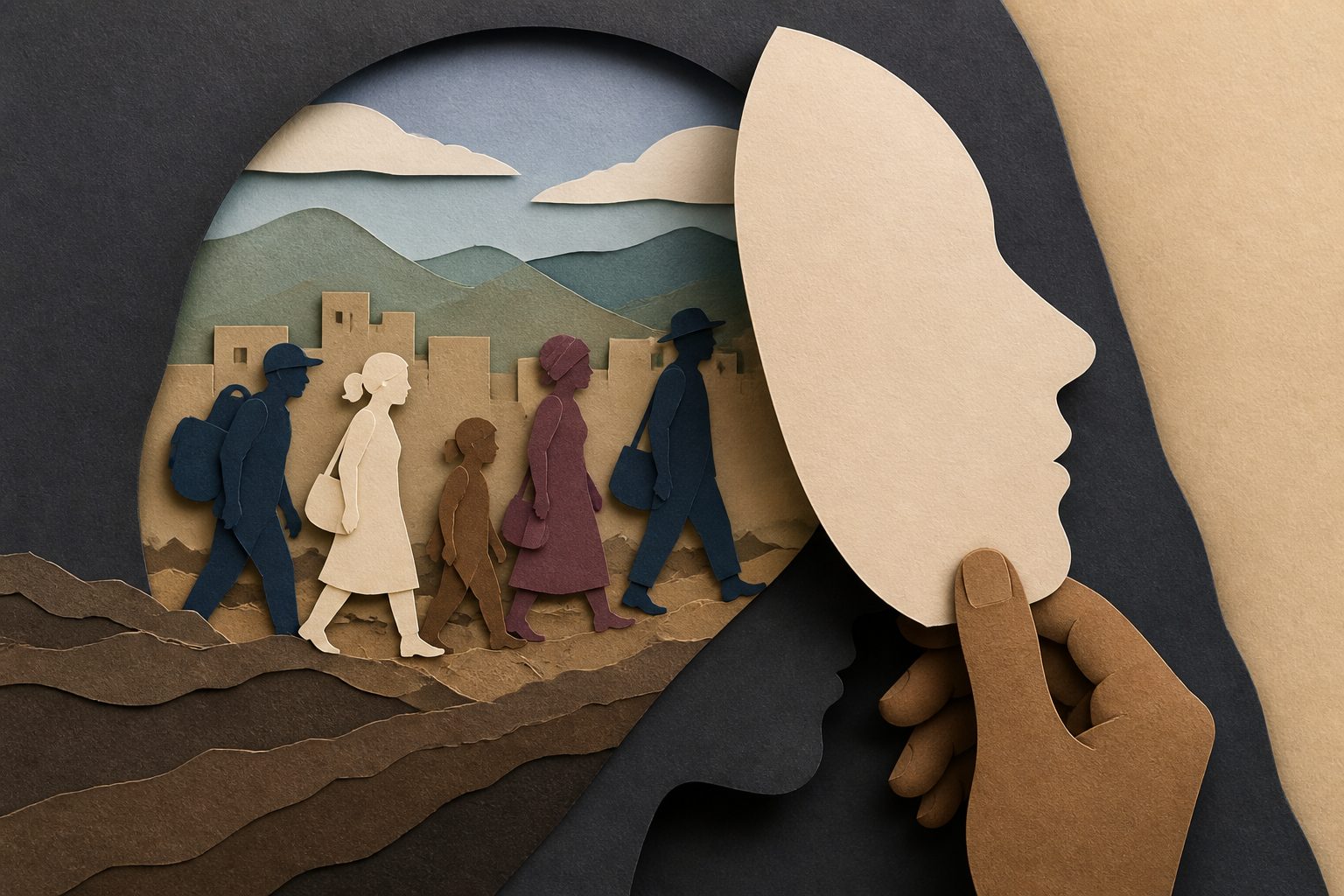 Abstract editorial illustration accompanying the article: In migration research, the word “human” can hide power claims—paper argues for a wider view