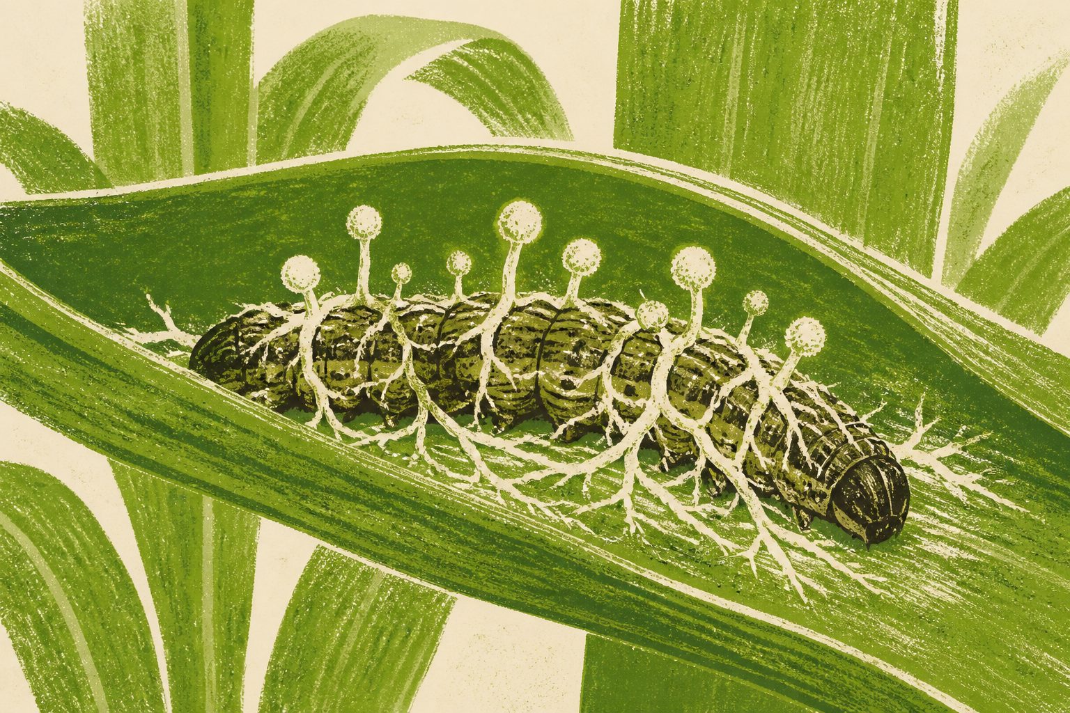 Abstract editorial illustration accompanying the article: Endophytic fungi may help curb fall armyworm without relying on insecticides