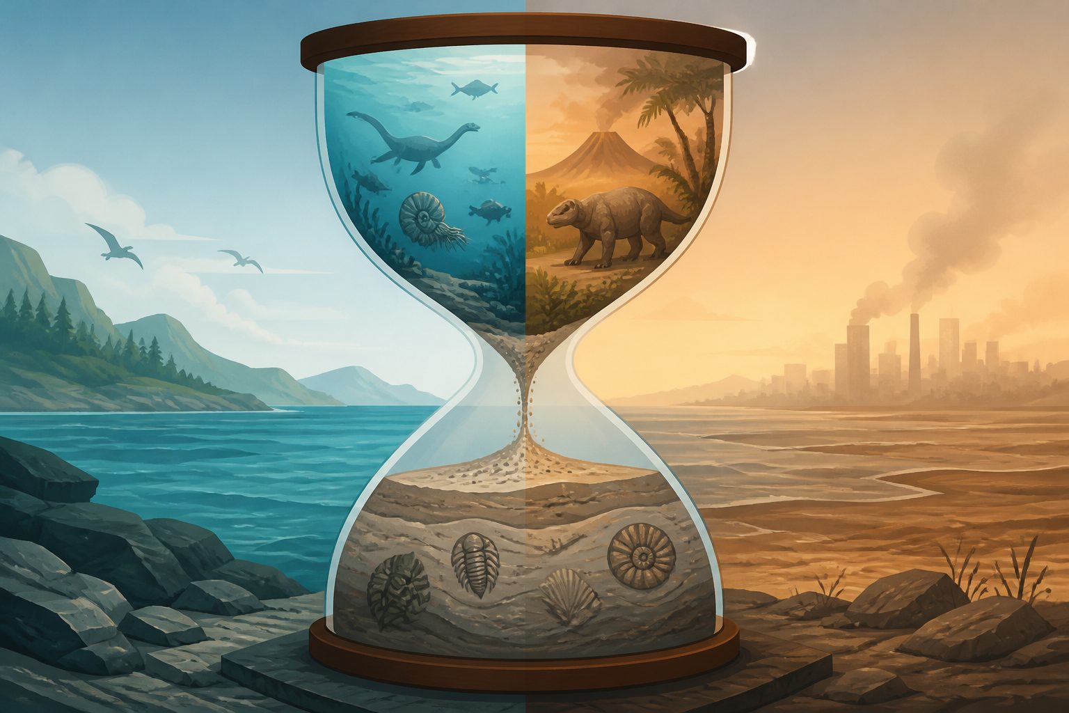 Abstract editorial illustration accompanying the article: Past heat spikes reshaped life in oceans and on land—today’s warming adds human pressure