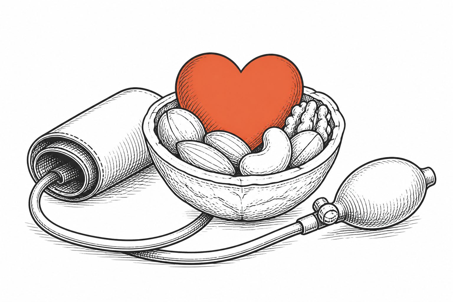 Abstract editorial illustration accompanying the article: New review links higher nut intake with lower hypertension risk
