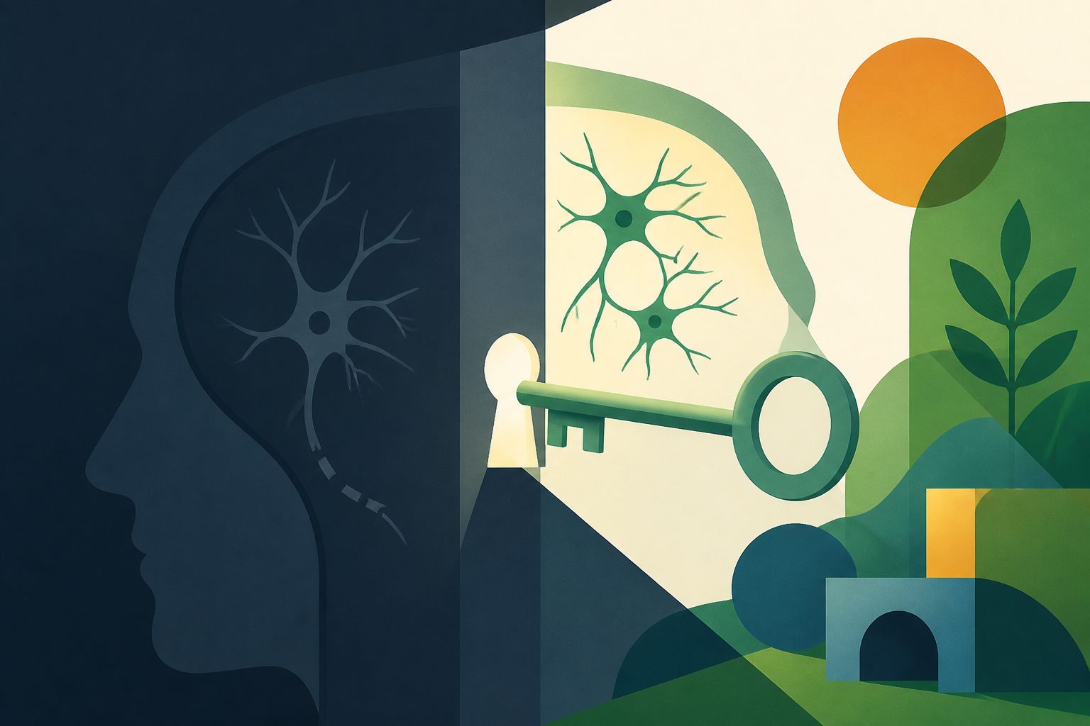 Abstract editorial illustration accompanying the article: Enriched surroundings partially restored key inhibitory brain cells after early NMDA blockade