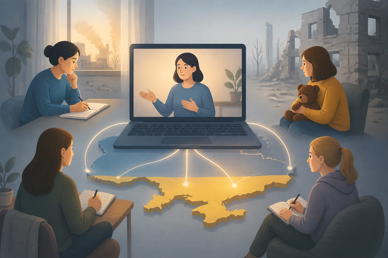 Abstract editorial illustration accompanying the article: War-zone webinars trained child mental-health staff across Ukraine