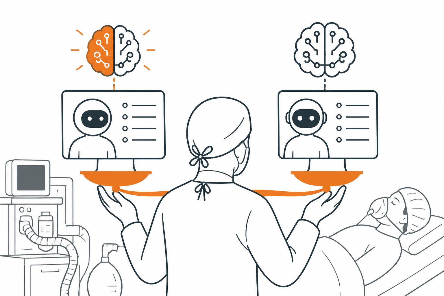 Abstract editorial illustration accompanying the article: Study compares two AI systems’ accuracy and usability for anesthesiology crisis scenarios